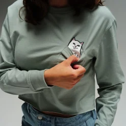 Ripndip Womens|Womens<Lord Nermal Cropped Long Sleeve Pocket Tee (Sage Grey)