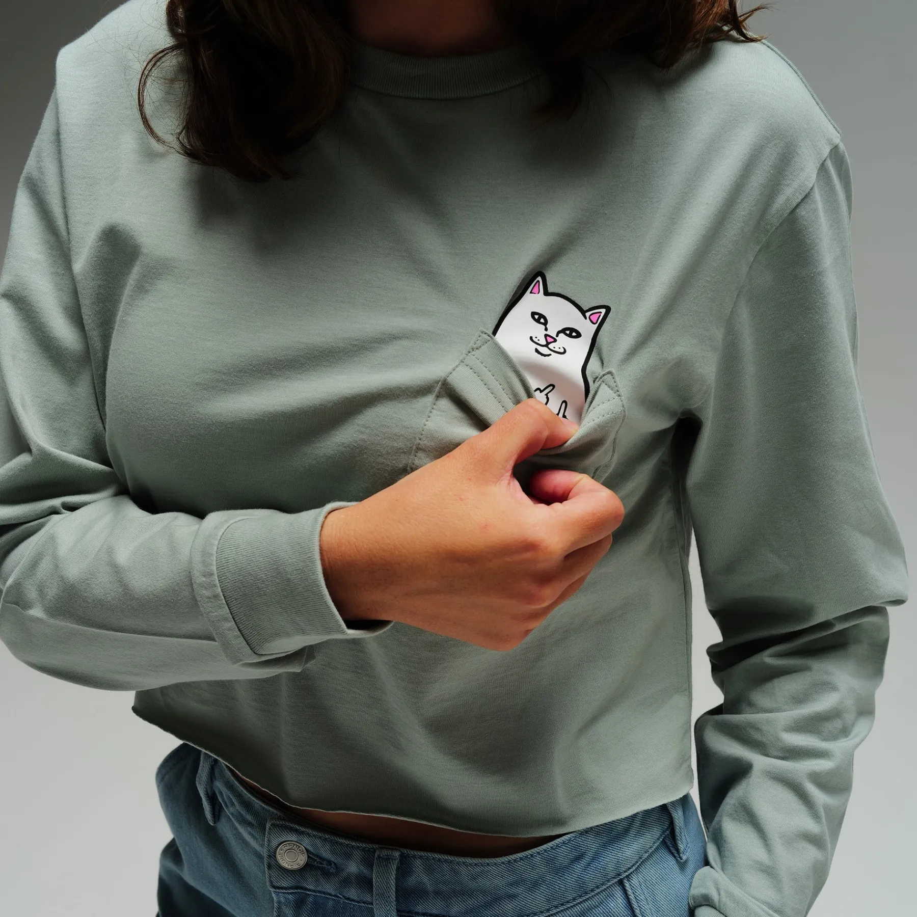 Ripndip Womens|Womens<Lord Nermal Cropped Long Sleeve Pocket Tee (Sage Grey)